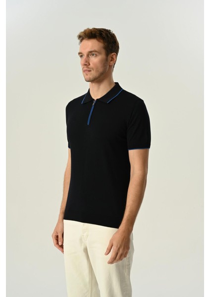Triko Polo Yaka Çizgi Detay Tshirt %100 Pamuk Lacivert