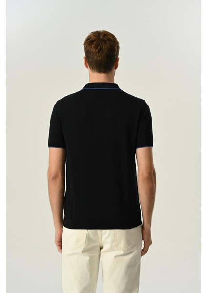Triko Polo Yaka Çizgi Detay Tshirt %100 Pamuk Lacivert