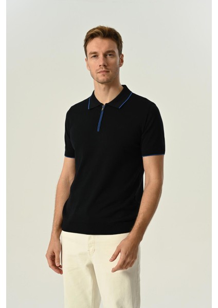 Triko Polo Yaka Çizgi Detay Tshirt %100 Pamuk Lacivert
