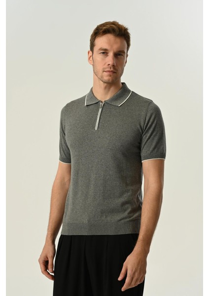 Triko Polo Yaka Çizgi Detay Tshirt %100 Pamuk Gri