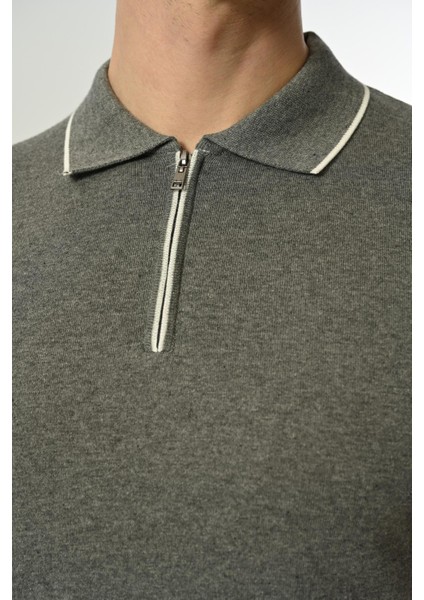 Triko Polo Yaka Çizgi Detay Tshirt %100 Pamuk Gri