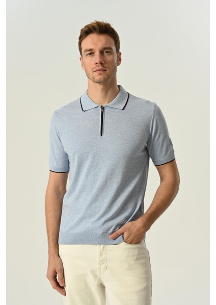 Triko Polo Yaka Çizgi Detay Tshirt %100 Pamuk Mavi