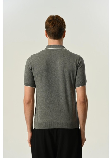 Triko Polo Yaka Çizgi Detay Tshirt %100 Pamuk Gri modelleri