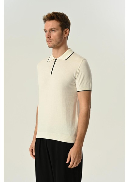 Triko Polo Yaka Çizgi Detay Tshirt %100 Pamuk Ekru fiyatları