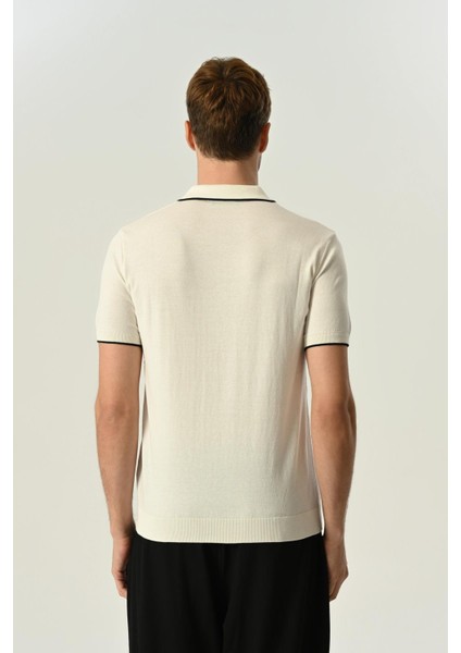 Triko Polo Yaka Çizgi Detay Tshirt %100 Pamuk Ekru modelleri