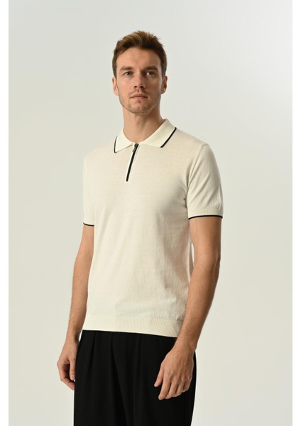 Triko Polo Yaka Çizgi Detay Tshirt %100 Pamuk Ekru fırsatları