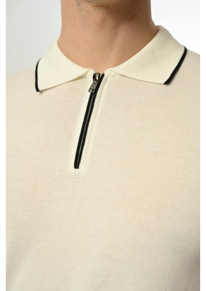 Triko Polo Yaka Çizgi Detay Tshirt %100 Pamuk Ekru indirimleri