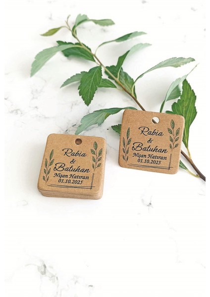 Yaprak Baskılı Etiket / Kına- Nikah Etiketi / 4 cm 100 Adet Kare Kraft Natural Etiket