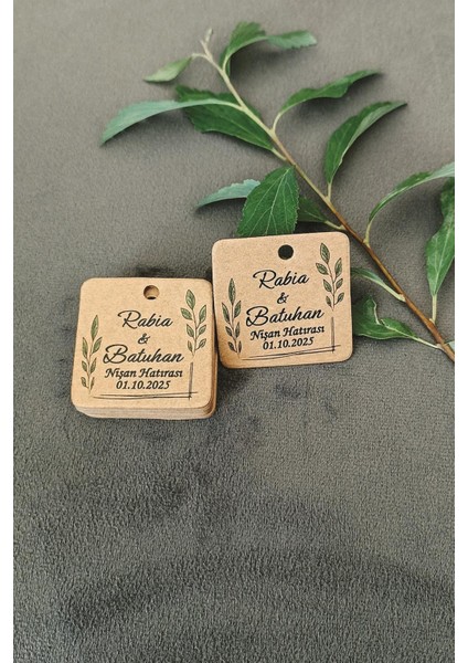 Yaprak Baskılı Etiket / Kına- Nikah Etiketi / 4 cm 100 Adet Kare Kraft Natural Etiket