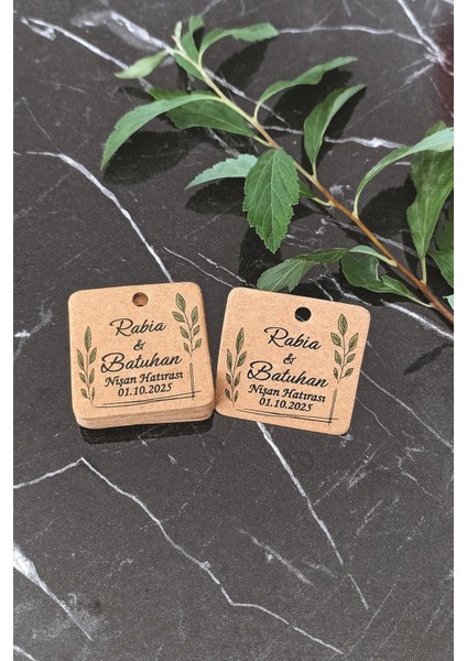 Yaprak Baskılı Etiket / Kına- Nikah Etiketi / 4 cm 100 Adet Kare Kraft Natural Etiket