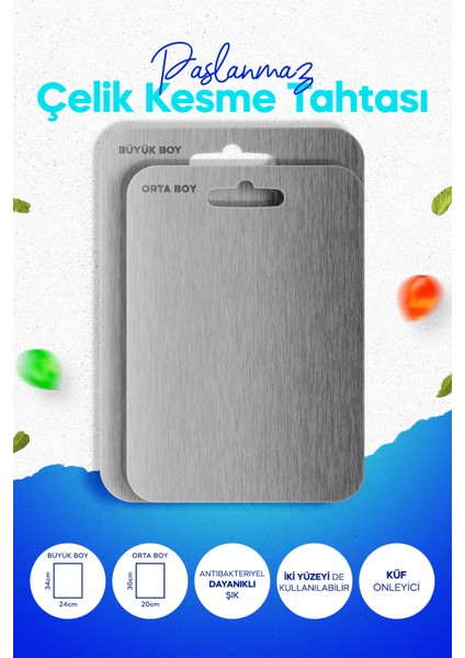 ( 2 Adet ) Paslanmaz Çelik Kesme Tahtası 34 x 24 cm ve 30 x 20 cm - Dayanıklı, Hijyenik