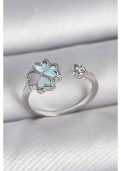 Pirinç Gümüş Renk Mavi Mineli Yonca Model Zirkon Taş Detay Ayarlanabilir Kadın Yüzük - Lisinya