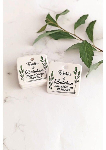Yaprak Baskili Etiket / Nisan-Kina- Nikah Etiketi / 100 Adet 4 cm Kare Natural Etiket