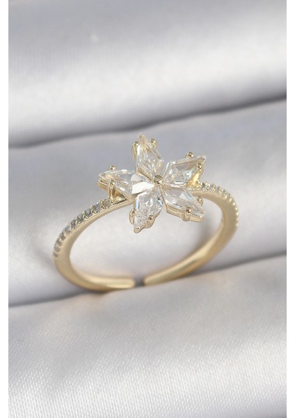 Pirinç Gold Renk Zirkon Taşlı Yıldız Model Ayarlanabilir Kadın Yüzük - Lisinya