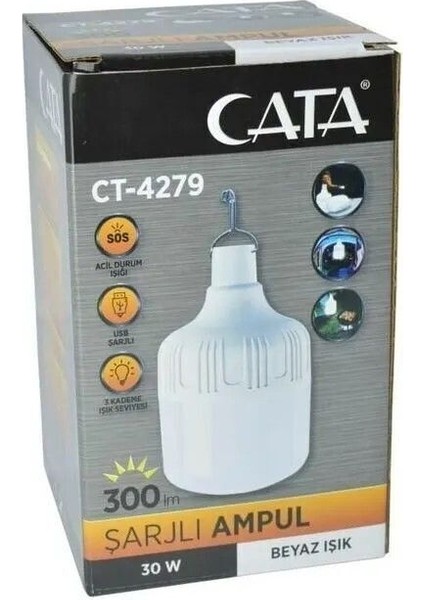 30 Watt E27 Duylu Taşınalabilir Şarjlı LED Ampul CT-4279 Beyaz Işık
