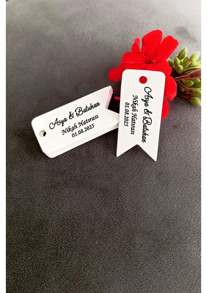 Kişiye Özel Baskılı Etiket / Nişan-Kına- Nikah Etiketi / 100 Adet Flama Etiket (2,4x 5,4 Cm) modelleri