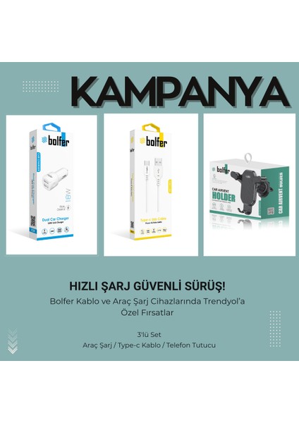 Araç Içi Şarj Cihazı Type-C Kablo Telefon Tutucu
