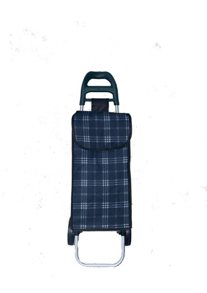 Tekerlekli Pazar Arabası ve Çantası, Pazar Sepeti, Torbası Brandalı Desenli Çantalı -Lacivert