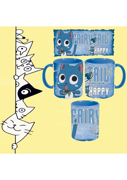 Anime Fairy Tail Karakter Happy Baskılı Içi Sapı Mavi Kupa Bardak