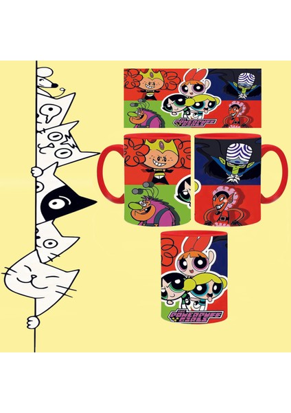 Çizgi Karakter Powerpuff Gıls Baskılı Içi Sapı Kırmızı Kupa Bardak