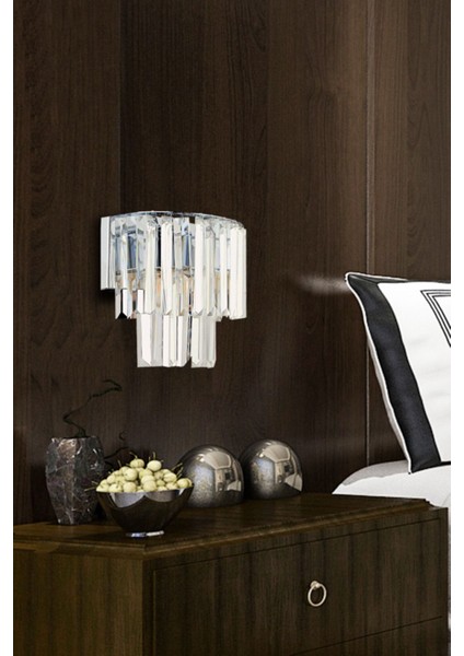 Krom Kristal Taşlı Duvar Aplik, Metal Duy E14, Beyaz, Şık ve modern tasarım