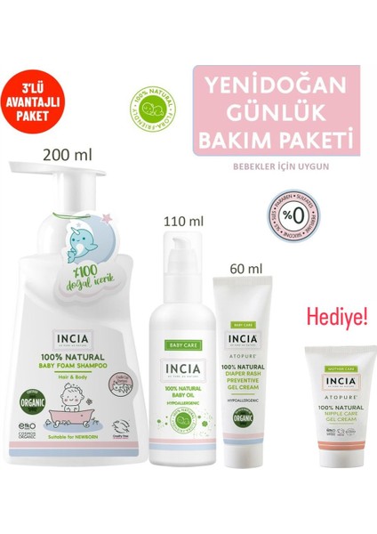 Incıa %100 Doğal Yenidoğan Günlük Bakım Seti + Göğüs Ucu Bakım Kremi Hediyeli