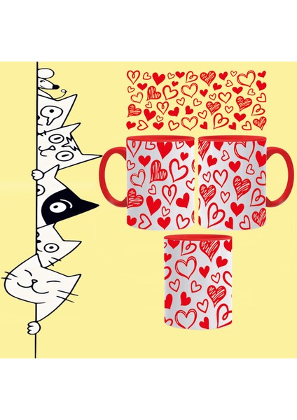 Love Renkli Kalp Baskılı Içi Sapı Kırmızı Kupa Bardak