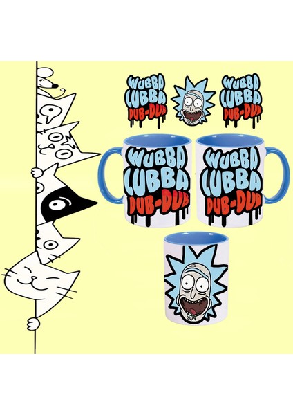 Çizgi Karakter Rick Wubba Lubba Dubdub Baskılı Içi Sapı Mavi Kupa Bardak