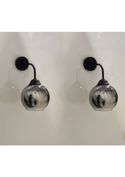 Şık Füme Camlı Metal Aplik, 2'li Set, Pilli, Özel Tasarım, E27 Duy, Siyah Renk