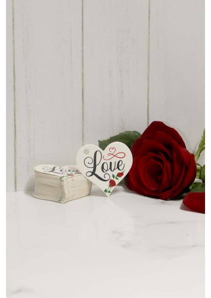 Sevgililer Günü Etiketi - Love Baskılı 50 Adet Kalp Etiket (4,5 cm ) modelleri