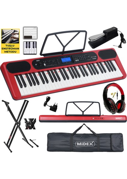 PS-5200RD-HSS Pro Org 61 LED Işıklı Tuş Hassasiyetli Bluetooth Midi Kulaklık Stand Sustain