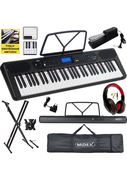 PS-5200BK-HSS Pro Org 61 LED Işıklı Tuş Hassasiyetli Bluetooth Midi Kulaklık Stand Sustain