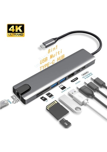 Samsung S8 S9 S10 S20 S21 USB Type-C Hub Dönüştürücü Çevirici Çoklayıcı USB Hdmı Micro Sd 8 Girişli