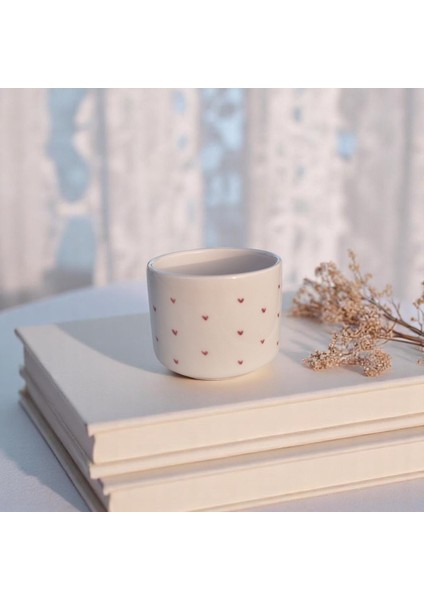 El Yapımı Seramik Kulpsuz Minimal Pembe Kalpli Kupa Bardak 200 ml Mug Kalp Desenli Kahve Bardağı Hediye