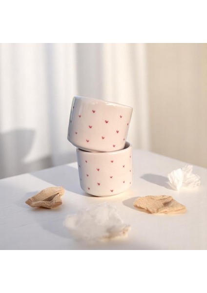 El Yapımı Seramik Kulpsuz Minimal Pembe Kalpli Kupa Bardak 200 ml Mug Kalp Desenli Kahve Bardağı Hediye
