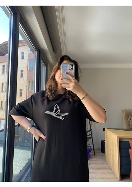 Siyah Taş Kuş Işlemeli Midi Boy Elbise