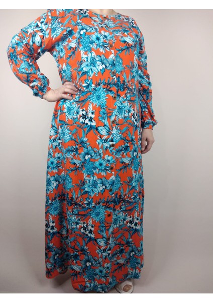 Kadın Mavi Bisiklet Yaka Uzun Kollu Kol Bilek Lastikli Yazlık Viskon Uzun Anne Elbise 2 cm Suya Çeker