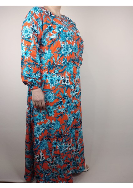 Kadın Mavi Bisiklet Yaka Uzun Kollu Kol Bilek Lastikli Yazlık Viskon Uzun Anne Elbise 2 cm Suya Çeker fiyatları