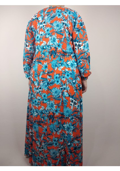 Kadın Mavi Bisiklet Yaka Uzun Kollu Kol Bilek Lastikli Yazlık Viskon Uzun Anne Elbise 2 cm Suya Çeker modelleri