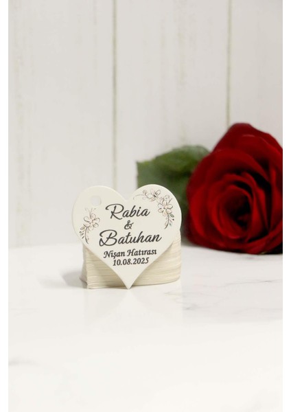 Kalp Kesim Nikah - Nişan Etiketi / 100 Adet Kalp Şeklinde Kişiye Özel Etiket (4,5 Cm)