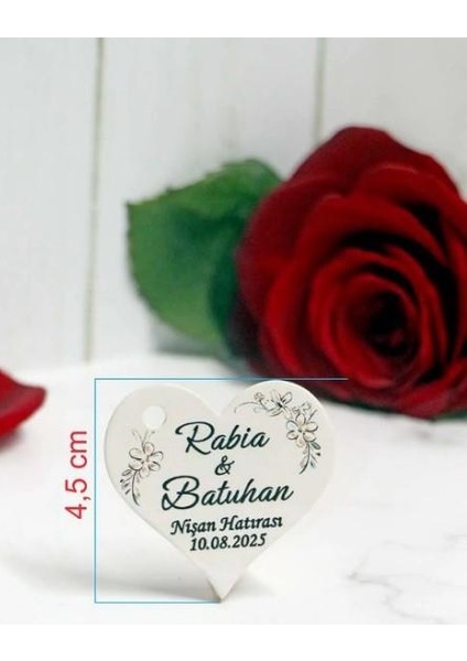 Kalp Kesim Nikah - Nişan Etiketi / 100 Adet Kalp Şeklinde Kişiye Özel Etiket (4,5 Cm) modelleri