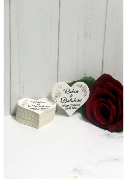 Kalp Kesim Nikah - Nişan Etiketi / 100 Adet Kalp Şeklinde Kişiye Özel Etiket (4,5 Cm) indirimleri
