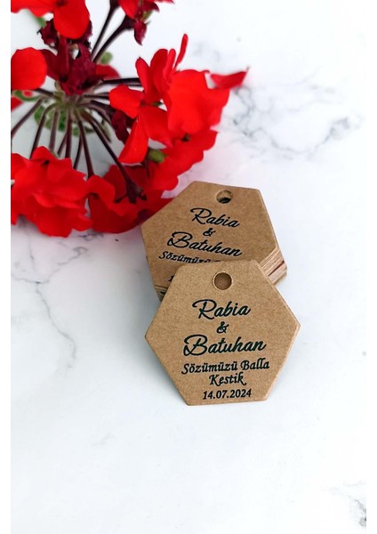 Minik Bal Kavanozu Etiketi / Nikah-Söz Etiketi / 100 Adet Kraft Altıgen Etiket (3,5x4 Cm)