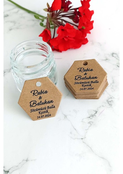 Minik Bal Kavanozu Etiketi / Nikah-Söz Etiketi / 100 Adet Kraft Altıgen Etiket (3,5x4 Cm)