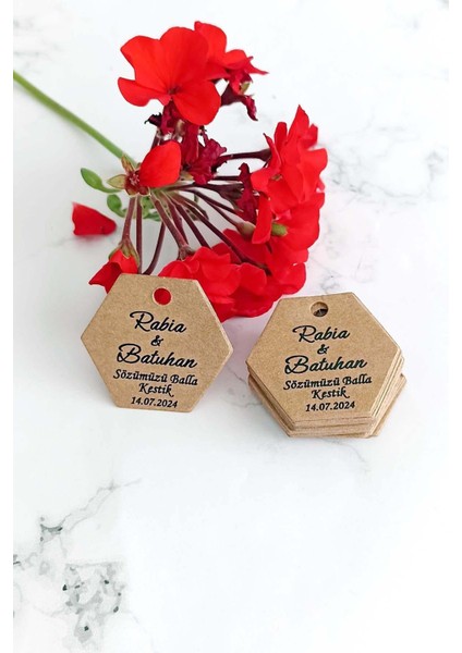 Minik Bal Kavanozu Etiketi / Nikah-Söz Etiketi / 100 Adet Kraft Altıgen Etiket (3,5x4 Cm)