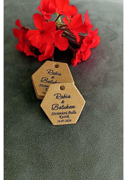 Minik Bal Kavanozu Etiketi / Nikah-Söz Etiketi / 100 Adet Kraft Altıgen Etiket (3,5x4 Cm)