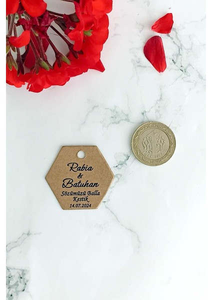 Minik Bal Kavanozu Etiketi / Nikah-Söz Etiketi / 100 Adet Kraft Altıgen Etiket (3,5x4 Cm)