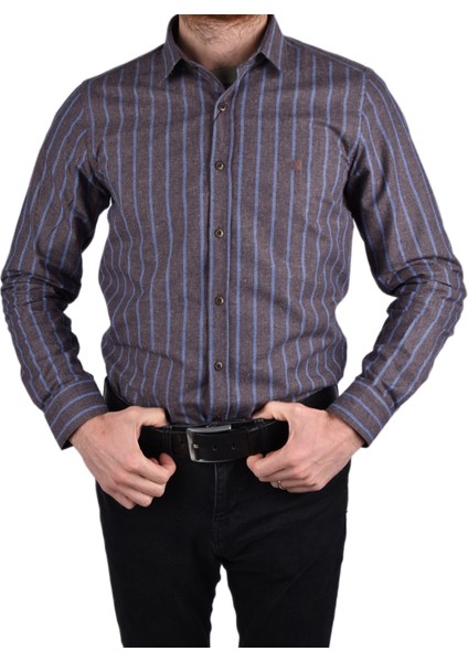 BRG-12917 Slimfit Çizgili Gömlek/kahverengi/l
