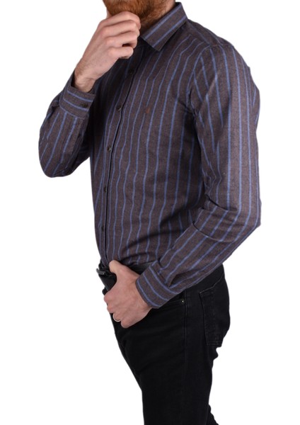 BRG-12917 Slimfit Çizgili Gömlek/kahverengi/l fiyatları