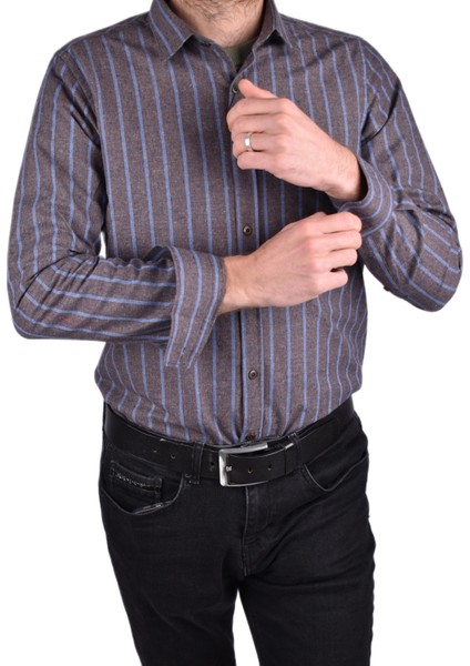 BRG-12917 Slimfit Çizgili Gömlek/kahverengi/l fırsatları